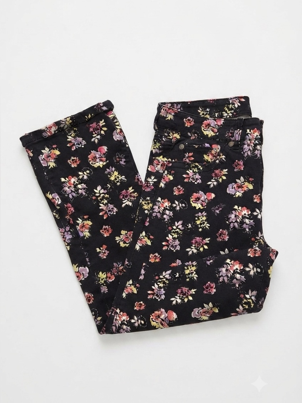 Torrid Floral Print Black Pink Cropped Pants Stretch Cotton Capri Skinny Size 14